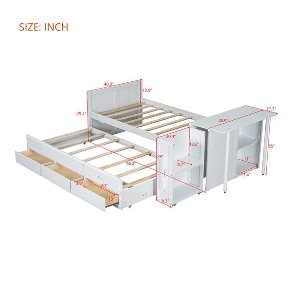 English Elm Twin Multifunctional Wood Platform Bed with Built-In Desk, Trundle & 3 Drawers for Small Spaces White 44.3 L x 23.1 W x 9 H N733S212832K