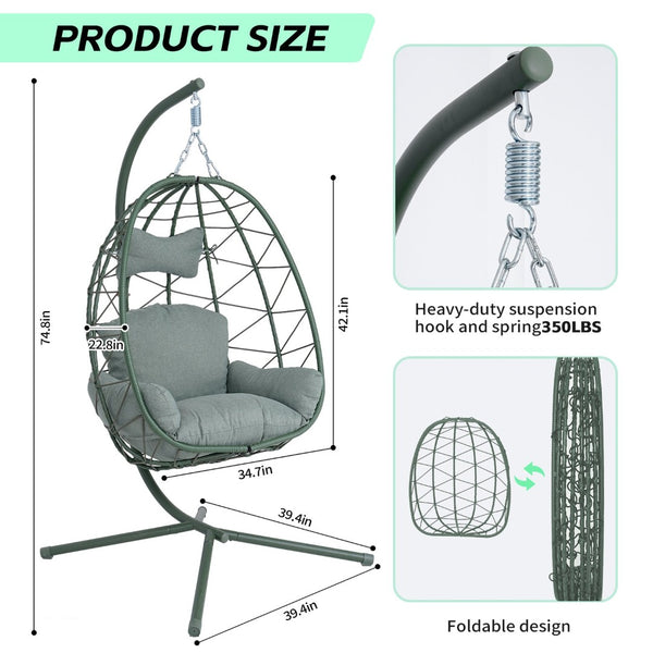 English Elm Hanging Egg Swing Chair Pe Wicker Foldable Frame with Cushion for Patio or Bedroom T5880P497576