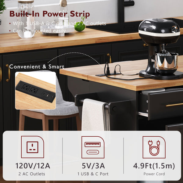 English Elm K&K Vintage Kitchen Island with Rubberwood Top, Hidden Wheels, Pull-Out Trash & Charging Station Black N707P299014B