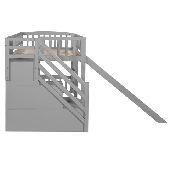 English Elm Stairway Twin Loft Bed with Storage Staircase Slide and Guardrails for Kids Gray LT000515AAE-1