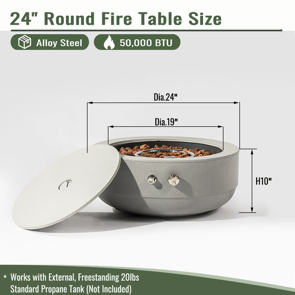 English Elm 24" Propane Fire Pit Bowl 50,000 BTU with Pulse Ignition, Stainless Steel Burner, Lava Rocks, Grey W853P193938