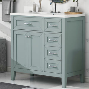 English Elm 36" Bathroom Vanity With Sink Combo - Stylish Green Cabinet, Solid Frame & Modern Design For Elegance N725P246491G