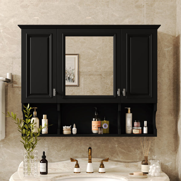 English Elm 35'' Modern Wall-Mounted Medicine Cabinet with Mirror, Hidden Storage and Open Shelves for Bath Black N710P209443B