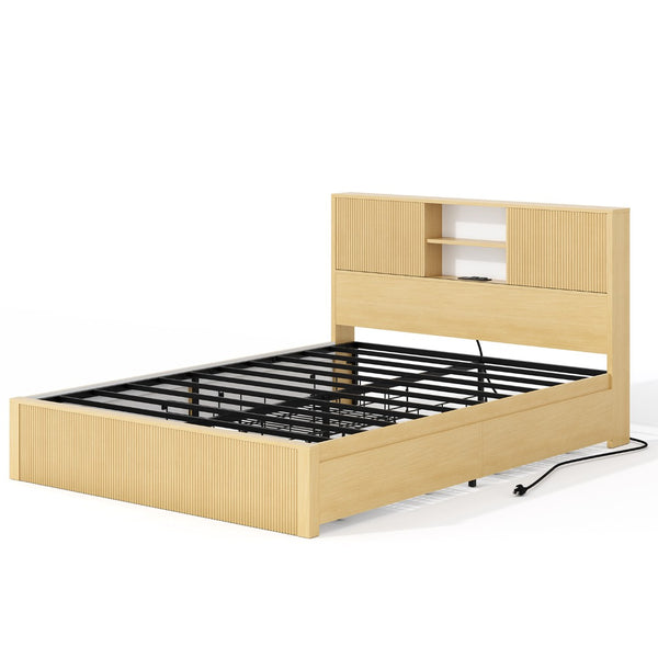 English Elm Queen Storage Bed Oak Finish Sliding Barn Door Headboard with Built-in Charging T3773P417190