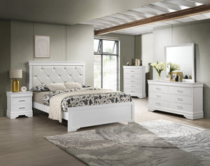 English Elm Modern Queen Panel Bed with Upholstered Diamond-Tufted Headboard, Sturdy Wood Frame, Chic Bedroom centerpiece White 46.86 L x 32.68 W x 4.53 H B011S01684