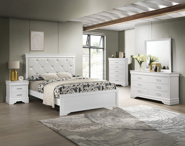 English Elm Modern Queen Panel Bed with Upholstered Diamond-Tufted Headboard, Sturdy Wood Frame, Chic Bedroom centerpiece White 46.86 L x 32.68 W x 4.53 H B011S01684