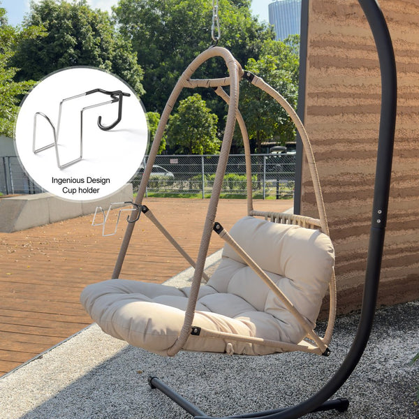 English Elm Swing Egg Chair with Stand - Foldable Rattan Hanging Basket Seat, Cushioned Comfort, Cup Holder Beige+Brown W2707P388617