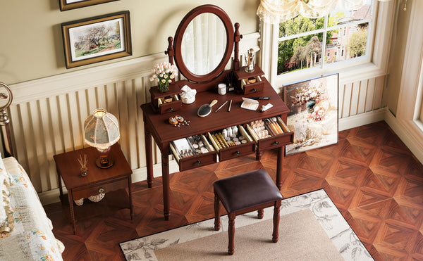 English Elm Vanity Vintage Wooden Makeup Desk with 180° Adjustable Mirror, 5 Velvet‑Lined Drawers & Cushioned Stool Walnut 52.7 L x 22.5 W x 11 H N733P305139D
