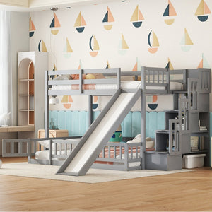 English Elm Twin Over Full Bunk Bed With Slide, Storage Staircase & Safety Guardrails - Grey Pine Design Fun! W504S00184-GIGA