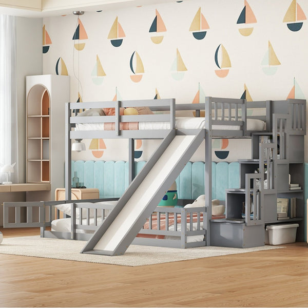 English Elm Twin Over Full Bunk Bed With Slide, Storage Staircase & Safety Guardrails - Grey Pine Design Fun! W504S00184-GIGA