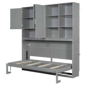 English Elm Twin Murphy Bed with Cabinet Shelves Built in Lighting Usb Ports Space Saving Wall Unit Gray LP000389AAE-1