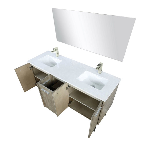 English Elm Rustic Acacia Double Bath Vanity Set With White Quartz Top, Brushed Nickel Faucet & 55" Mirror B2731S01667-GIGA