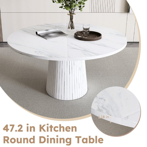 English Elm 47 Inch Round Marble Veneer Mdf Dining Table Seats Four with Slim Wood Strip Base White W2700P404636