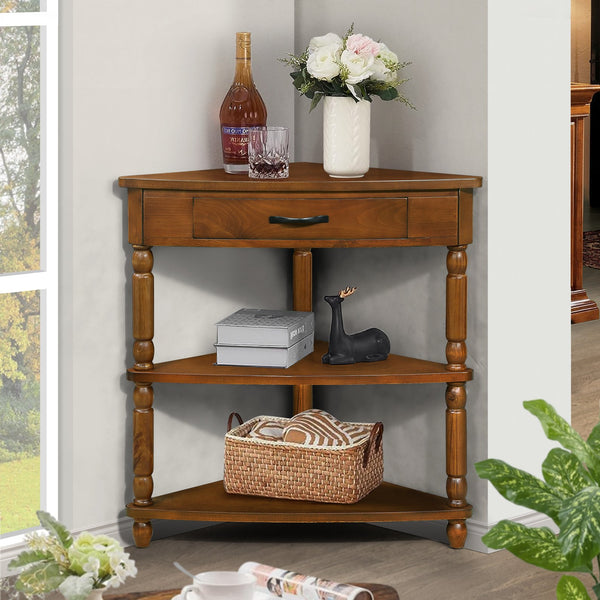 English Elm 33.8'' Small Triangle Corner Table with Solid Wood Legs, Waterproof MDF Top, Rounded Corners, 3-Tier Storage, Rustic Brown W1202P199465