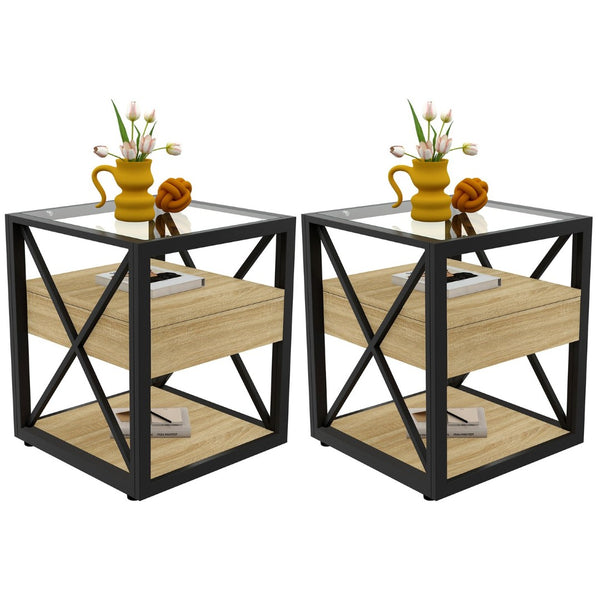 English Elm Set Of 2 Modern End Tables With Drawer - Industrial Style Nightstands For Stylish Storage & Decor W241P246921-GIGA