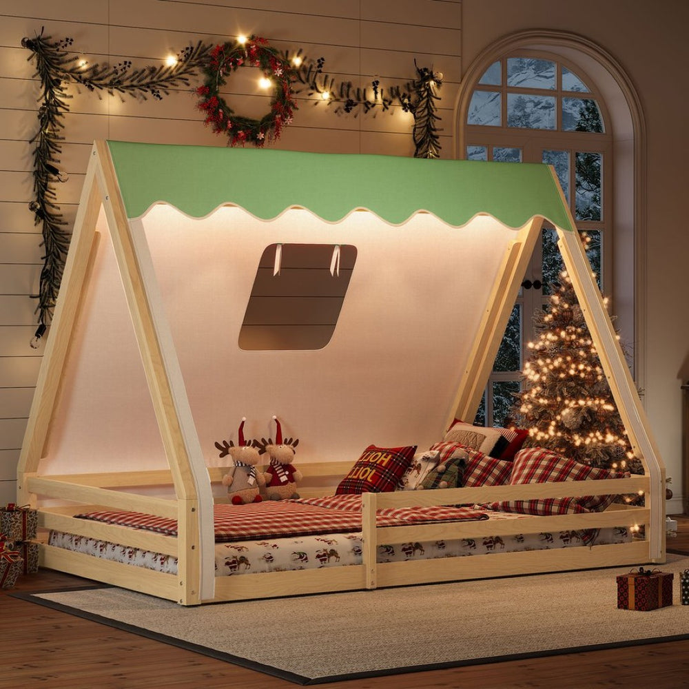 English Elm Twin Montessori Floor Bed Solid Pine Teepee Frame with Guardrails and Canopy Light Natural W1580P369468