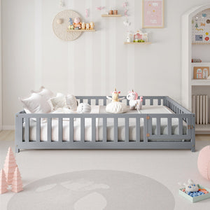 English Elm Full Full Size Floor Platform Bed with Safety Fence and Door, Montessori Toddler Frame with Slats, Sturdy Pine Construction for Secure Sleep and Playtime Grey 77.76 L x 17.52 W x 6.3 H W1716132148