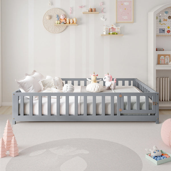 English Elm Full Full Size Floor Platform Bed with Safety Fence and Door, Montessori Toddler Frame with Slats, Sturdy Pine Construction for Secure Sleep and Playtime Grey 77.76 L x 17.52 W x 6.3 H W1716132148