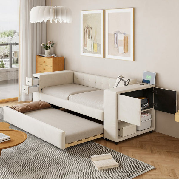 English Elm Twin Upholstered Bed with Trundle and Storage Drawers, USB Ports, French Velvet Luxurious Feel Beige SF000184AAA