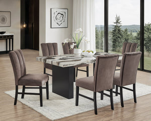 English Elm 7pc Faux Marble Dining Set with Black Pedestal Table & Plush Brown Upholstered Chairs, Modern Elegance B011S01938