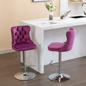 English Elm Swivel Velvet Barstools Adjustable 25–33" Height, Tufted Back, Chrome 17.7" Base, Purple Set of 2 W1143137914
