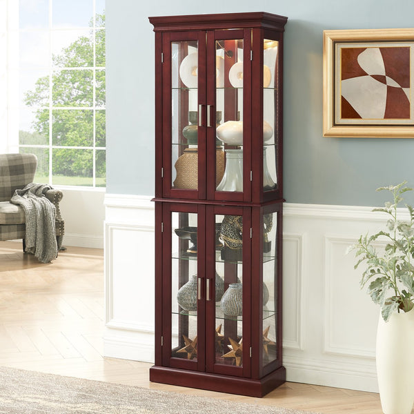 English Elm Curio Display Cabinet with Internal Lighting, Mirrored Back, 6 Adjustable Shelves, Glass Doors Cherry W1693P154579
