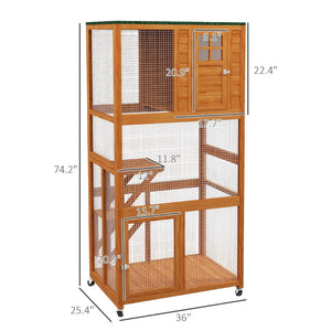 English Elm Pawhut Wooden Catio Outdoor Cat Enclosure with Wheels Weatherproof Asphalt Roof W2225P173770