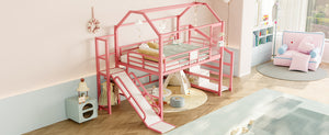 English Elm Full Full House Loft bed with Slide and Stairs, Metal House Play Loft with Storage Shelves and Quiet Design Pink W1580S00351