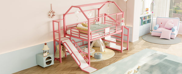English Elm Full Full House Loft bed with Slide and Stairs, Metal House Play Loft with Storage Shelves and Quiet Design Pink W1580S00351