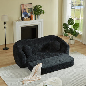 English Elm 86-inch Curved Chenille Convertible Sofa Recliner Frameless Folding Two-seater for Living Room Black W3505P452820
