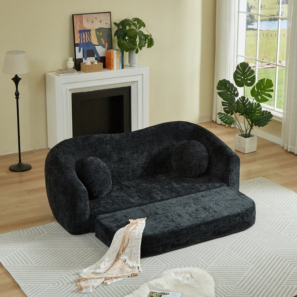 English Elm 86-inch Curved Chenille Convertible Sofa Recliner Frameless Folding Two-seater for Living Room Black W3505P452820