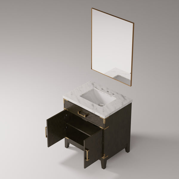 English Elm Brown Oak Single Bath Vanity With Carrara Marble Top & Matching Mirror - Elegant Storage Solution B2731S01453