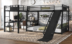 English Elm L-shaped Metal Triple Bunk Bed with Slide Desk Shelves Sleep Study Play Zone W1580S00280