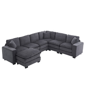 English Elm Modern U Shaped 6-Seat Sectional Sofa with Ottoman and 3 Toss Pillows, Corduroy Modular Comfort and Durable Frame Grey W2363S00041