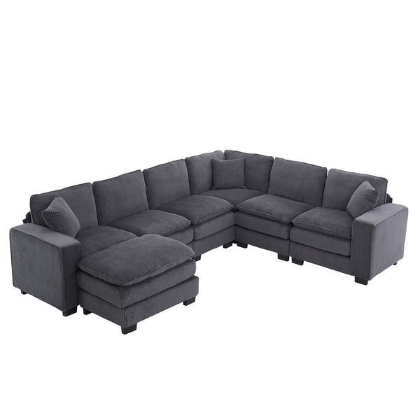 English Elm Modern U Shaped 6-Seat Sectional Sofa with Ottoman and 3 Toss Pillows, Corduroy Modular Comfort and Durable Frame Grey W2363S00041