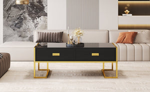 English Elm Modern 47.3" Black Rectangular Coffee Table with Gold Metal Base, 4 Spacious Drawers, Durable Design N735P305626B