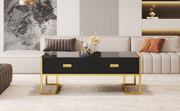 English Elm Modern 47.3" Black Rectangular Coffee Table with Gold Metal Base, 4 Spacious Drawers, Durable Design N735P305626B