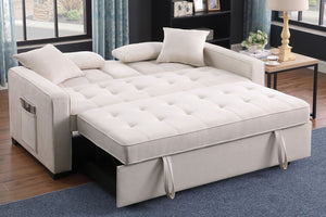 English Elm Corrado Woven Fabric Sleeper Loveseat with Console Cup Holders and Charging Ports Beige B2749S00242