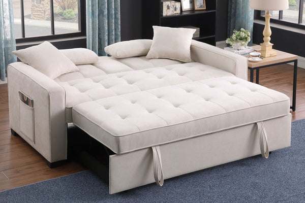 English Elm Corrado Woven Fabric Sleeper Loveseat with Console Cup Holders and Charging Ports Beige B2749S00242
