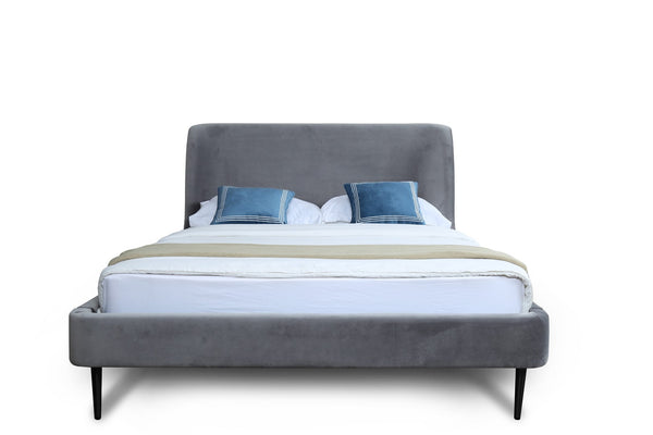 English Elm Queen Velvet Upholstered Bed Arched Headboard Mid Century Modern Bedroom Frame Grey+Black B365S00151