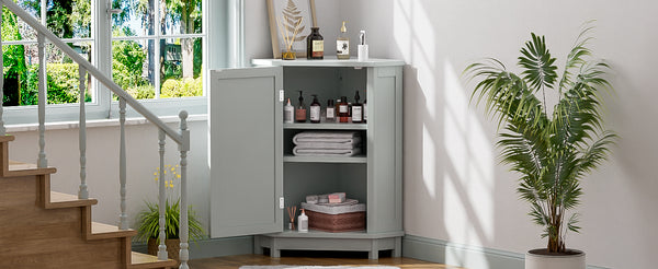 English Elm Grey Triangle Corner Bathroom Cabinet with Adjustable Shelves, MDF Storage Unit for Towels & Supplies (31.5"L x 20.28"W) N725P172615E