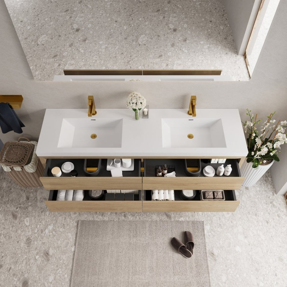 English Elm 72" Floating Double Sink Vanity Glossy White Stone Resin Top Soft Close Storage W1573P211189