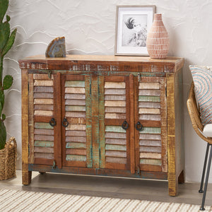 English Elm Christopher Knight Home® - Wd. Recycled Cabinet - Handcrafted Mango Wood Slatted Boho Storage Cabinet with Distressed Finish, Crescent Handles 66629.00