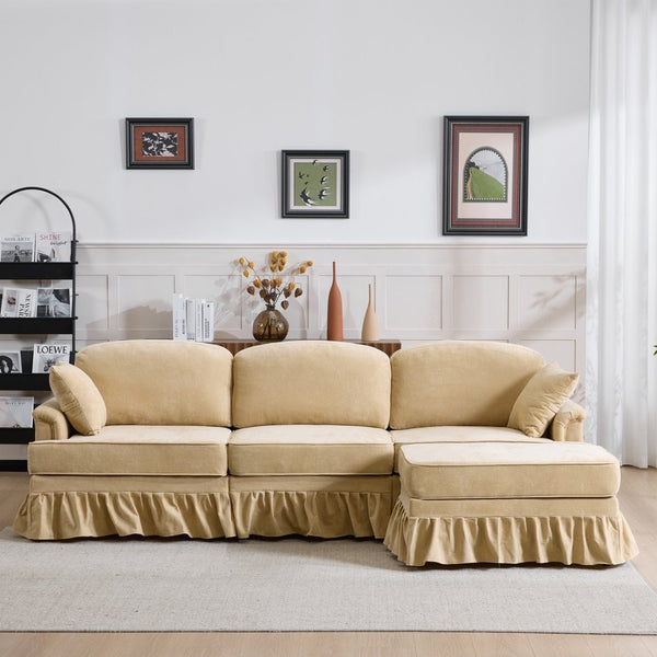 English Elm 103.15'' Chenille L-shaped Sectional Sofa with Detachable Pleated Skirt and Ottoman Khaki W3612S00045