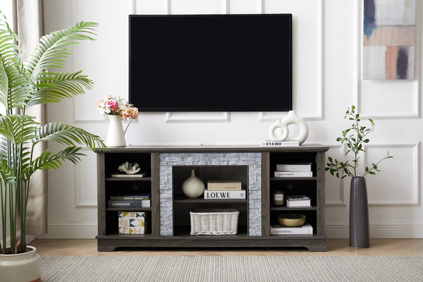 English Elm Mantel Stone TV Media Stand with Faux Stacked Stone Surround, Modern Console with Ample Storage and Cable Management for TVs up to 65" Grey W1758P187683