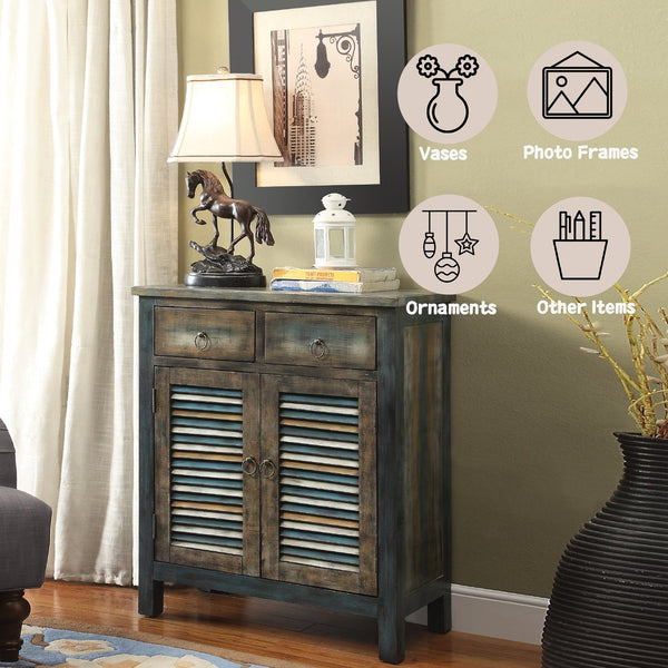 English Elm Glancio Antique Oak & Teal Console Cabinet with 2 Drawers, Shutter Doors, Bronze Pulls, Rustic Charm B2726P251800