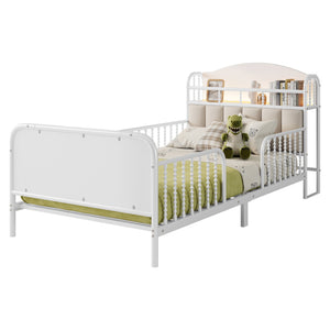 English Elm Twin Solid Wood Platform Bed with Guardrail for Kids, Low-Profile Sturdy Pine Frame, Safe Sleep Solution White 43.7 L x 16.93 W x 9.65 H W2593P337432