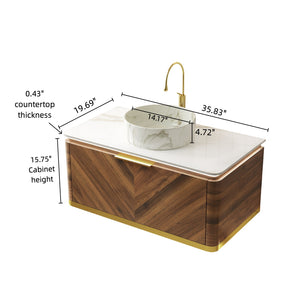 English Elm Dipa 36" Floating Bathroom Vanity With Stone Top, Ceramic Vessel Sink, Led Light & Dark Walnut Finish W2615S00484