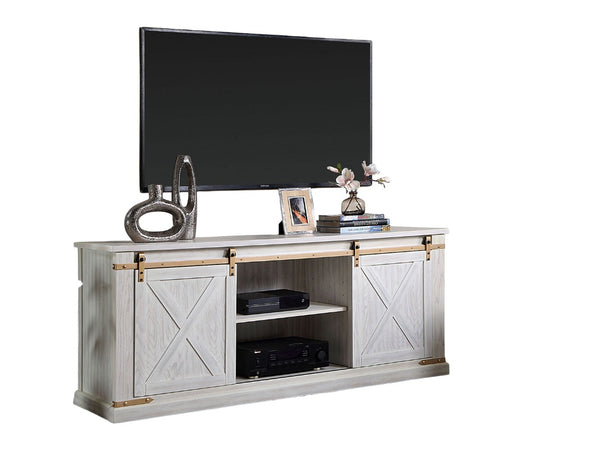 English Elm Antique Rustic Farmhouse TV Console 72"W with Sliding X-Panel Doors, Metal Accents & Open Shelves Antique White 77 L x 34 W x 9 H B2741P361924