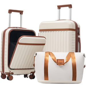 English Elm Front Access Hardside 3 Piece Travel Set with Usb Port Spinner Wheels and Tsa Lock Brown+White N732P326130K